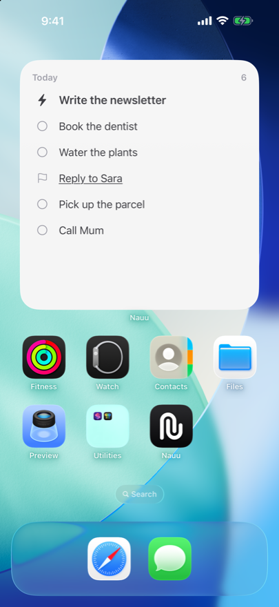 The Nauu widget on the iPhone Home Screen, listing today's tasks.