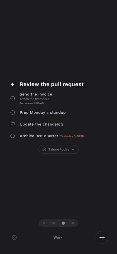 The same Work list in dark mode.